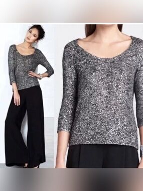 Eileen Fisher Linen Blend Black and White Metallic Scoop Neck Sweater Sz S